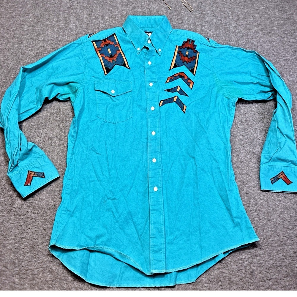 Vtg WRANGLER Aztec Southwestern Cowboy Cut Rancher Western Shirt Mens 16-34 Flaw